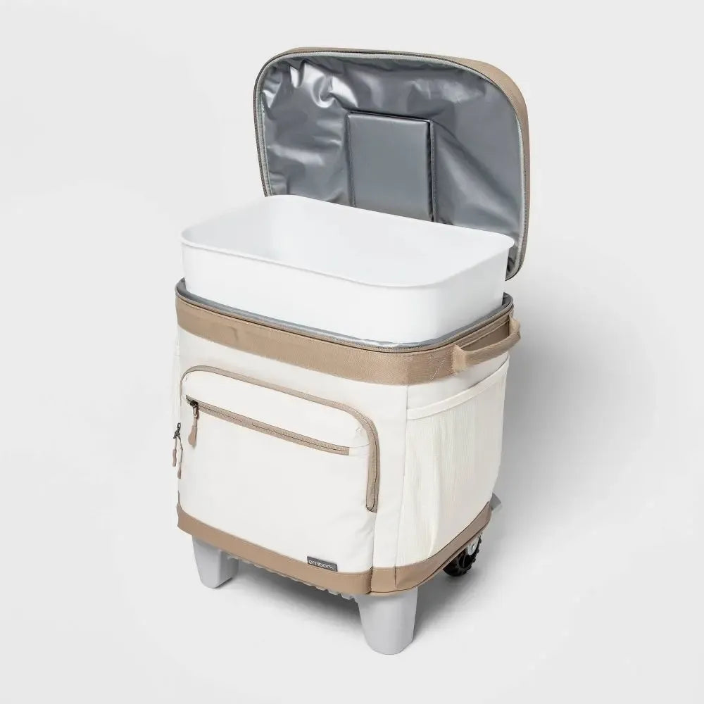 Embark Cooler 26QT Portable Soft Sided Roller Tan Cup Holder Wheels