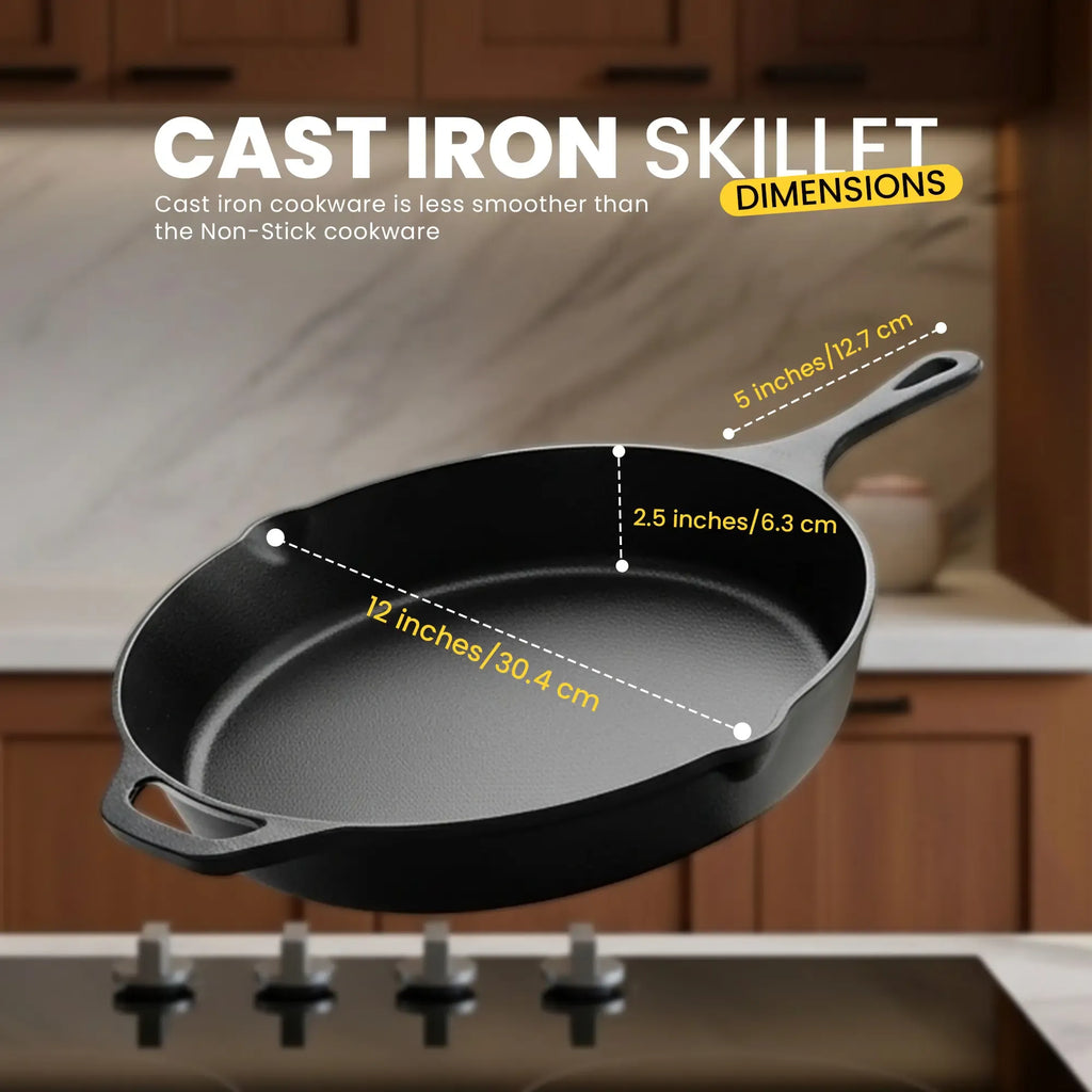 Pre-Seasoned 12-in Cast Iron Frying Pan - Heavy Duty Cookware, Multipurpose Indoor Kitchen Supplies Skillet