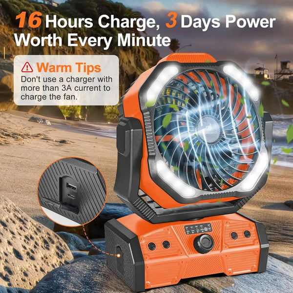 Odoland 40000mAh Camping Fan with LED Light, Battery Operated Oscillating Desk Fan with Remote & Hook, Rechargeable Outdoor Tent Fan with Timer for Hurricane Power Outage Travel Jobsite RV Emergency