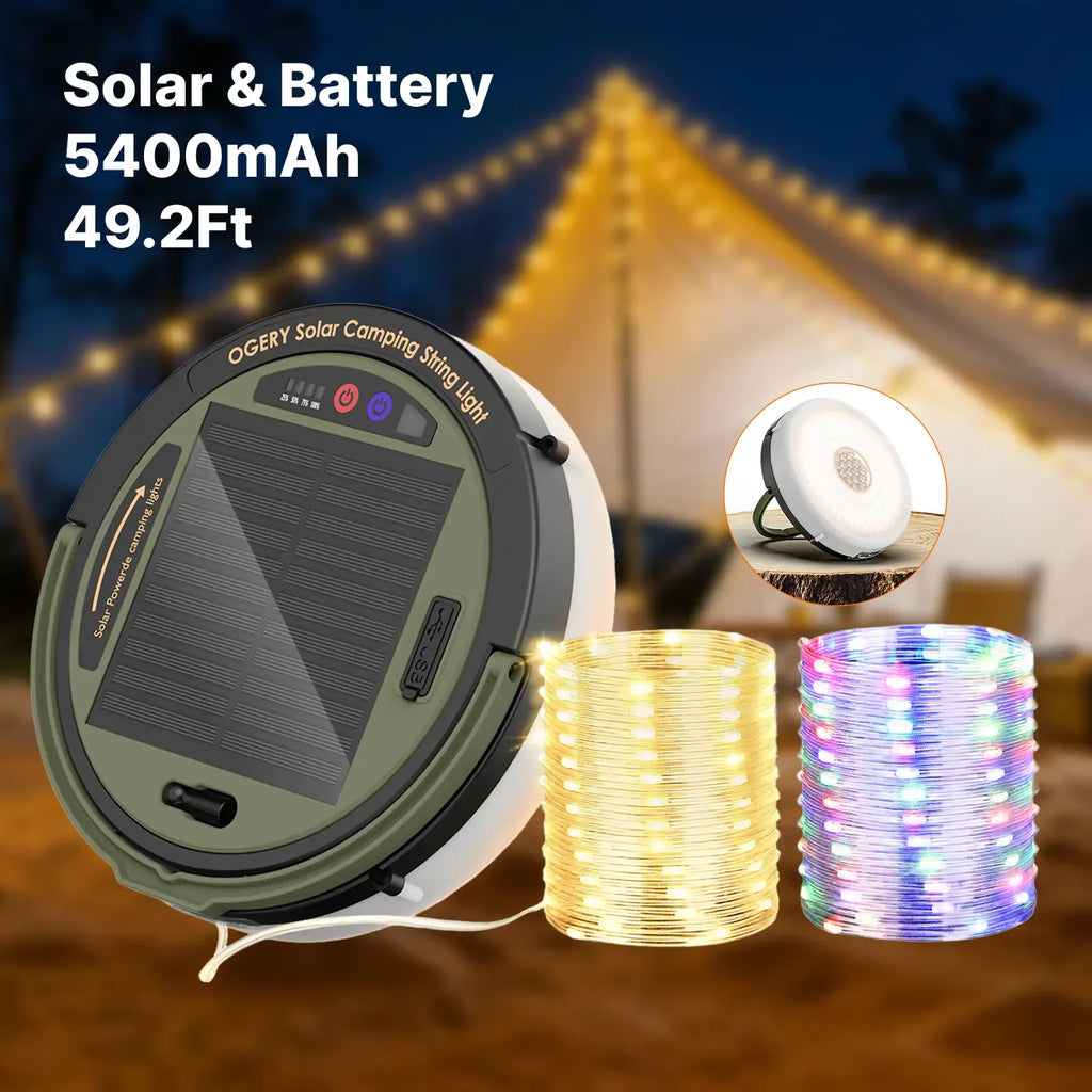OGERY Solar Camping String Lights, 5400mAh 49.2Ft Retractable LED String Lights, Solar & Battery Powered, Waterproof Emergency Outdoor Lights