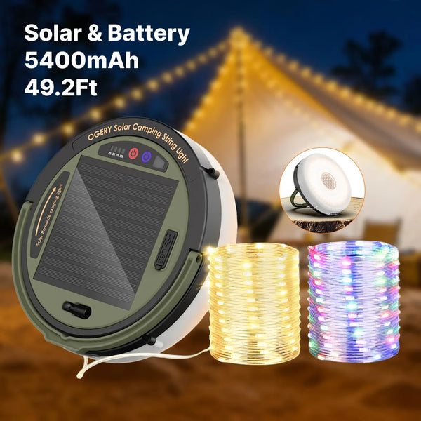 OGERY Solar Camping String Lights, 5400mAh 49.2Ft Retractable LED String Lights, Solar & Battery Powered, Waterproof Emergency Outdoor Lights