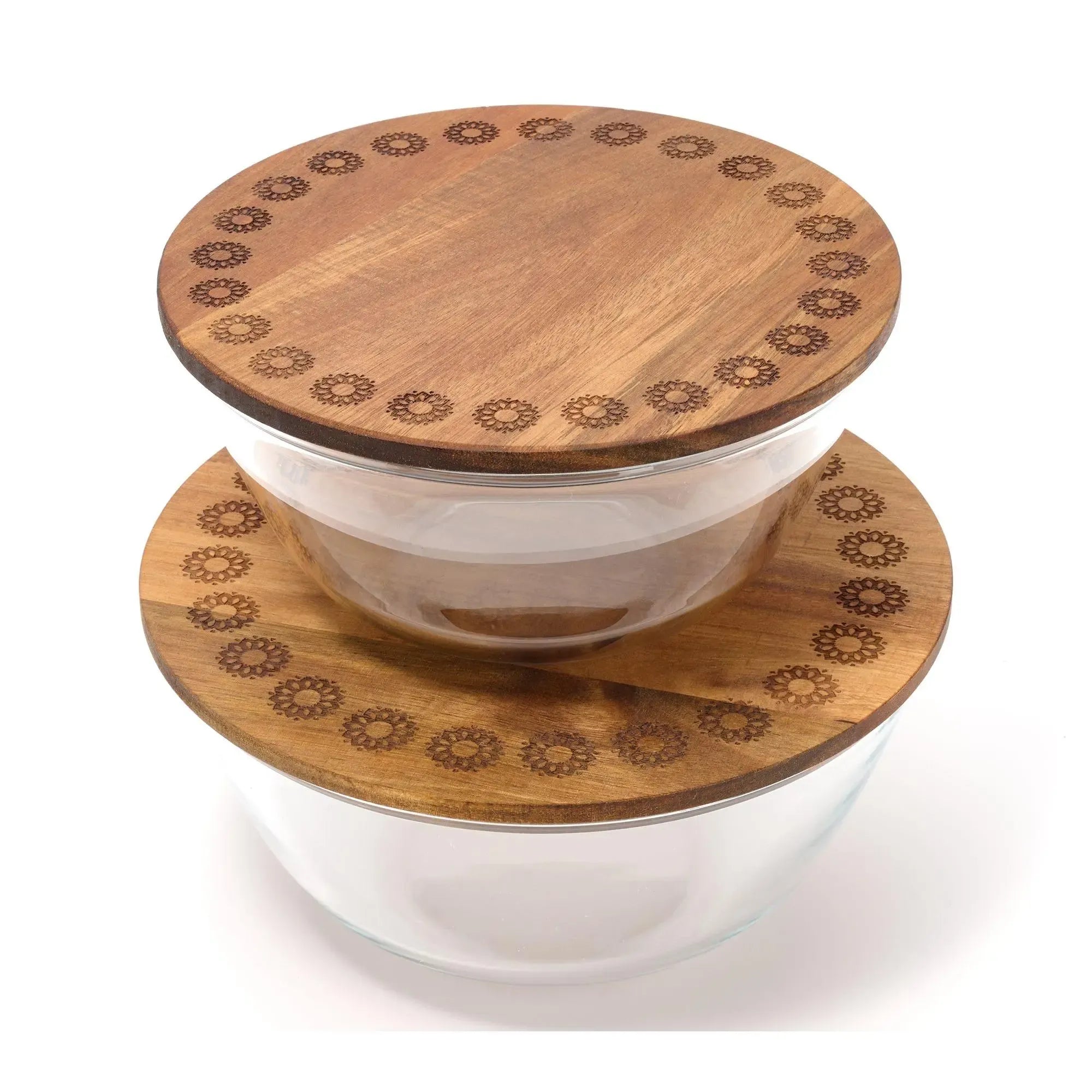 Aarti Sequeira 2-Pc Nestable Glass Serving Bowls w/Etched Acacia Wood Lid