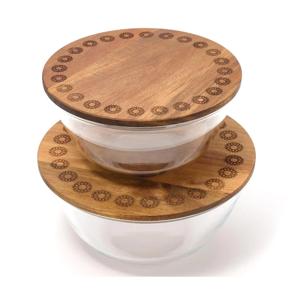 Aarti Sequeira 2-Pc Nestable Glass Serving Bowls w/Etched Acacia Wood Lid
