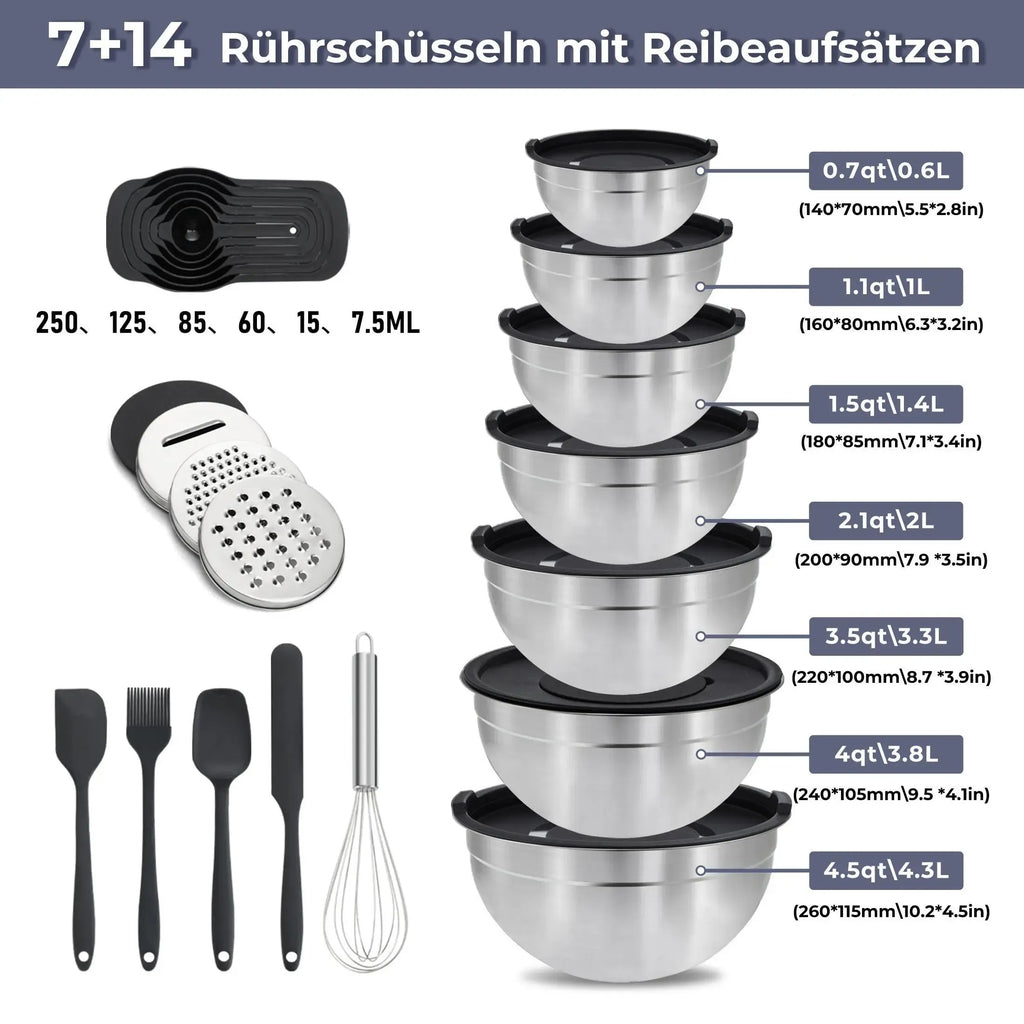 21-Piece Mixing Bowls Set with Airtight Lids – 7 Stainless Steel Kitchen Bowls , 3 Grater Attachments, Multifunctional , Perfect for Baking & Serving