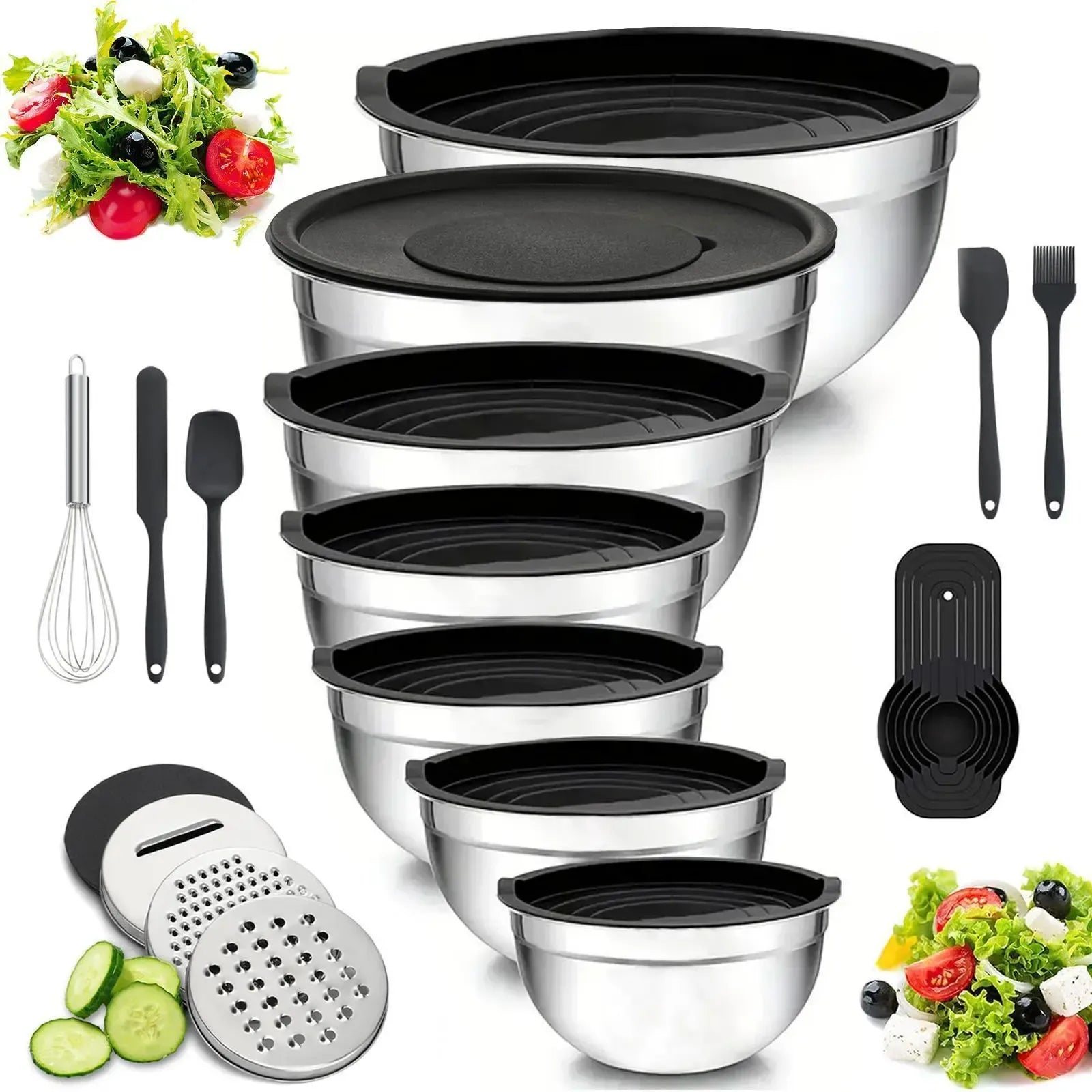 21-Piece Mixing Bowls Set with Airtight Lids – 7 Stainless Steel Kitchen Bowls , 3 Grater Attachments, Multifunctional , Perfect for Baking & Serving