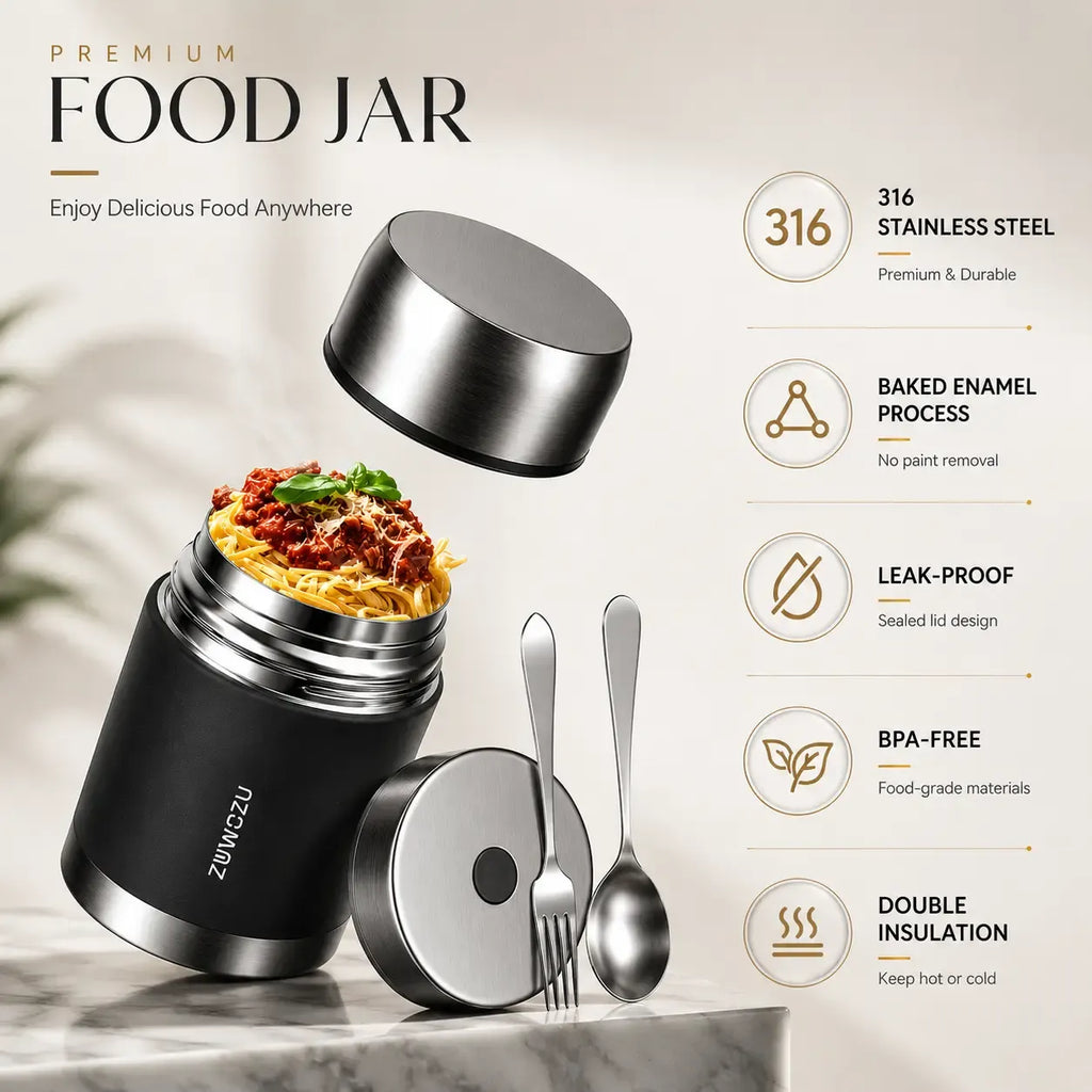 ZUWOZU 20/27/33/40oz Vacuum Insulated Food Jar for Hot & Cold Food, Wide Mouth Leak-Proof Soup Container with Spoon and Fork, Stainless Steel Thermal Lunch Box & Food Container for Adults, Ideal Gift for Office, Travel, Outdoor Daily Use