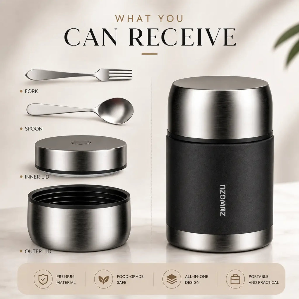 ZUWOZU 20/27/33/40oz Vacuum Insulated Food Jar for Hot & Cold Food, Wide Mouth Leak-Proof Soup Container with Spoon and Fork, Stainless Steel Thermal Lunch Box & Food Container for Adults, Ideal Gift for Office, Travel, Outdoor Daily Use