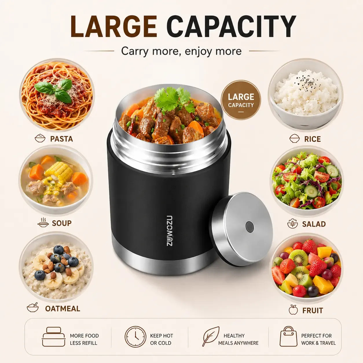 ZUWOZU 20/27/33/40oz Vacuum Insulated Food Jar for Hot & Cold Food, Wide Mouth Leak-Proof Soup Container with Spoon and Fork, Stainless Steel Thermal Lunch Box & Food Container for Adults, Ideal Gift for Office, Travel, Outdoor Daily Use