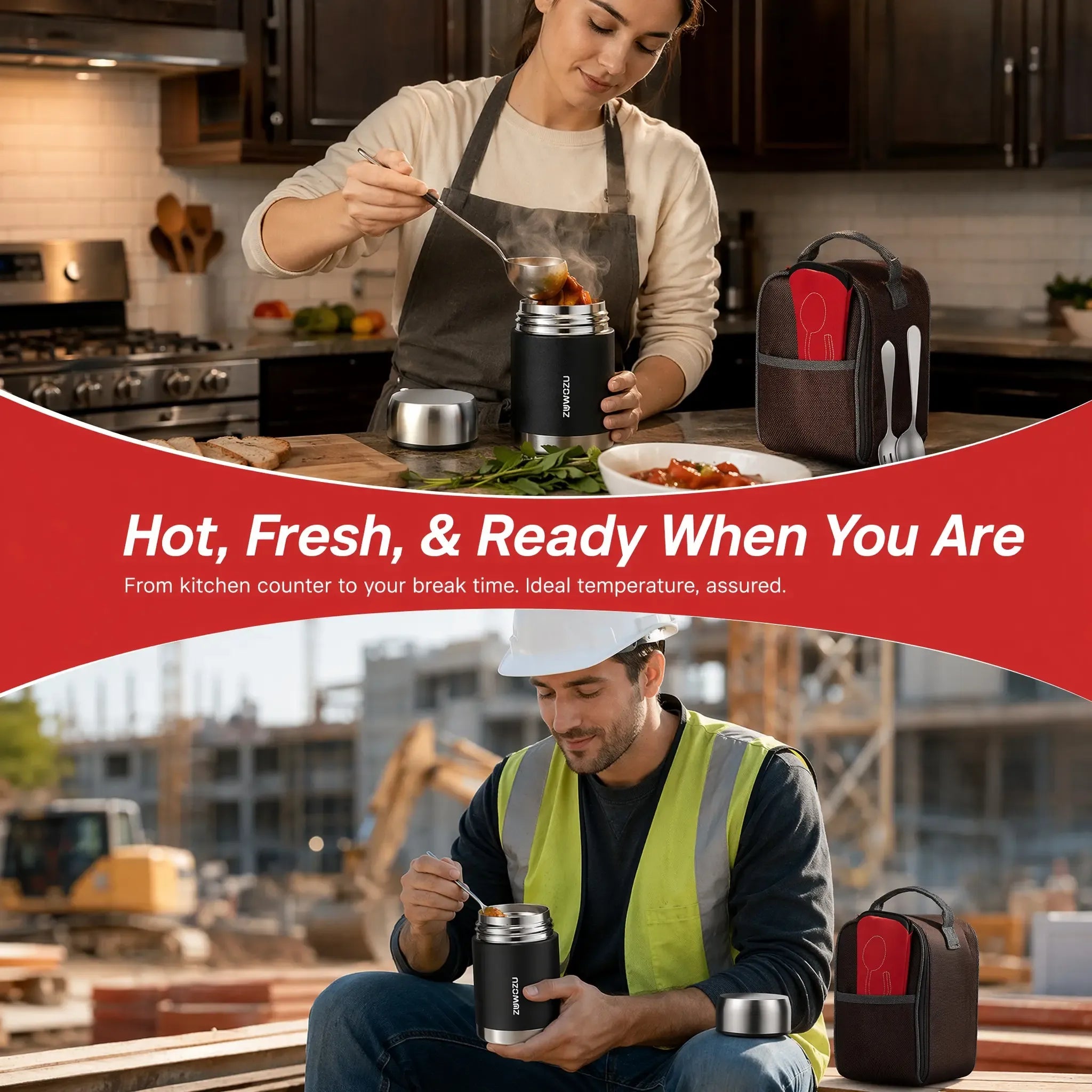 ZUWOZU 20/27/33/40oz Vacuum Insulated Food Jar for Hot & Cold Food, Wide Mouth Leak-Proof Soup Container with Spoon and Fork, Stainless Steel Thermal Lunch Box & Food Container for Adults, Ideal Gift for Office, Travel, Outdoor Daily Use
