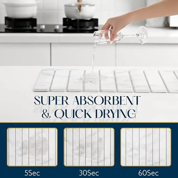 Large Diatomaceous Earth Dish Drying Mat - 24" × 16"  for Kitchen Counter, Super Absorbent, Heat Resistant Dish Drying Mats, Eco-Friendly Diatomaceous Earth Stone Rack Tableware Mat ( White Marble) Coasters Stainless Steel Kitchenware