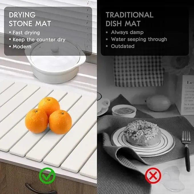 Large Diatomaceous Earth Dish Drying Mat - 24" × 16"  for Kitchen Counter, Super Absorbent, Heat Resistant Dish Drying Mats, Eco-Friendly Diatomaceous Earth Stone Rack Tableware Mat ( White Marble) Coasters Stainless Steel Kitchenware