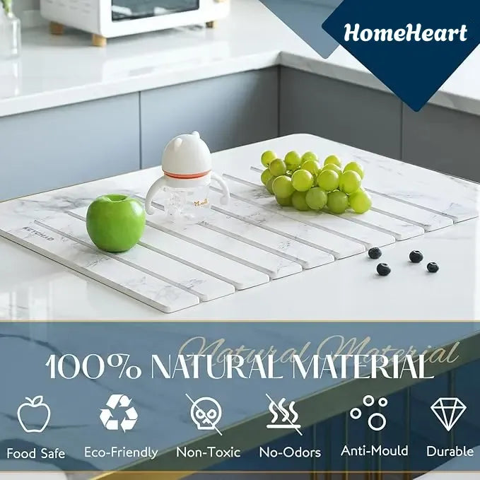Large Diatomaceous Earth Dish Drying Mat - 24" × 16"  for Kitchen Counter, Super Absorbent, Heat Resistant Dish Drying Mats, Eco-Friendly Diatomaceous Earth Stone Rack Tableware Mat ( White Marble) Coasters Stainless Steel Kitchenware