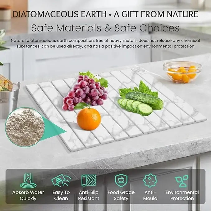 Large Diatomaceous Earth Dish Drying Mat - 24" × 16"  for Kitchen Counter, Super Absorbent, Heat Resistant Dish Drying Mats, Eco-Friendly Diatomaceous Earth Stone Rack Tableware Mat ( White Marble) Coasters Stainless Steel Kitchenware