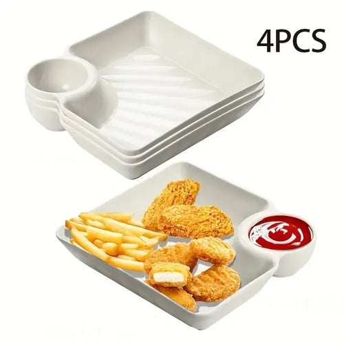 4-Piece Plastic Dumpling Plates with Sauce Compartment, Salad Serving Plates, Tableware, Dishwasher Safe Tableware, Party Plates, Snack and Sushi Dishes for Appetizers, Tortilla Dip, Fruit, Parties and Picnics