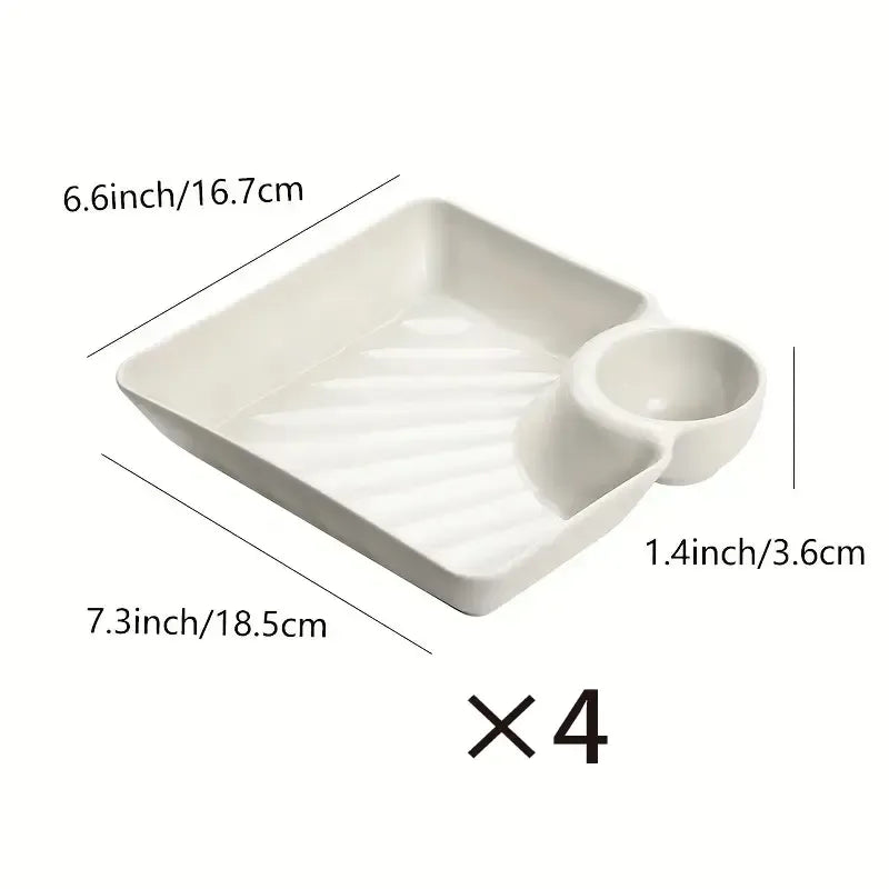 4-Piece Plastic Dumpling Plates with Sauce Compartment, Salad Serving Plates, Tableware, Dishwasher Safe Tableware, Party Plates, Snack and Sushi Dishes for Appetizers, Tortilla Dip, Fruit, Parties and Picnics