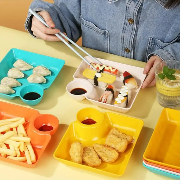 4-Piece Plastic Dumpling Plates with Sauce Compartment, Salad Serving Plates, Tableware, Dishwasher Safe Tableware, Party Plates, Snack and Sushi Dishes for Appetizers, Tortilla Dip, Fruit, Parties and Picnics
