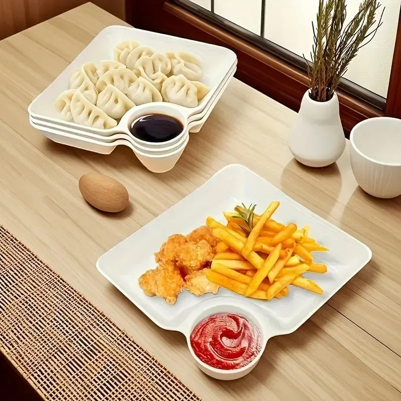 4-Piece Plastic Dumpling Plates with Sauce Compartment, Salad Serving Plates, Tableware, Dishwasher Safe Tableware, Party Plates, Snack and Sushi Dishes for Appetizers, Tortilla Dip, Fruit, Parties and Picnics