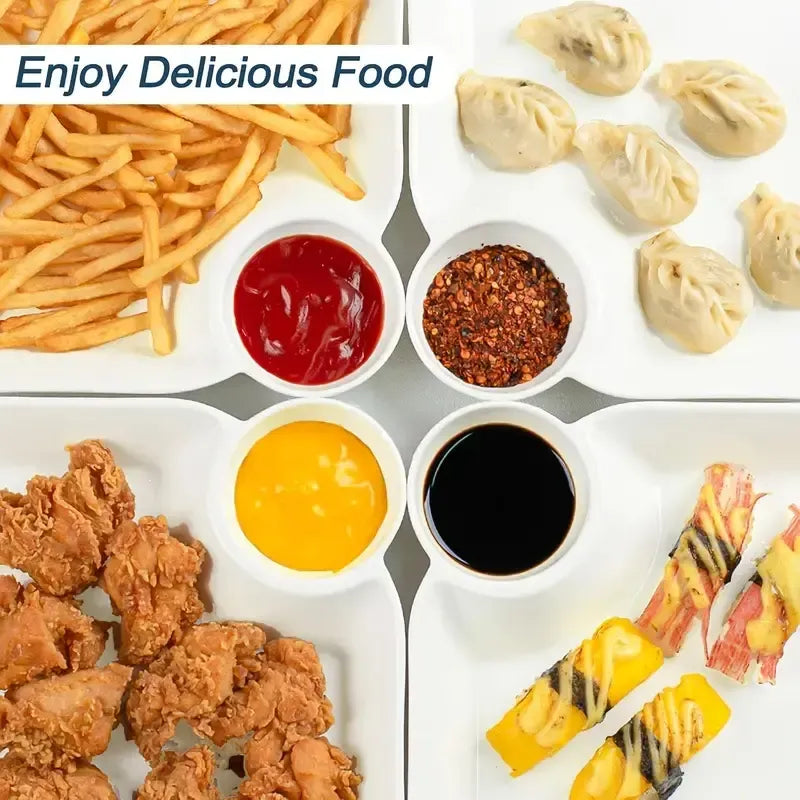 4-Piece Plastic Dumpling Plates with Sauce Compartment, Salad Serving Plates, Tableware, Dishwasher Safe Tableware, Party Plates, Snack and Sushi Dishes for Appetizers, Tortilla Dip, Fruit, Parties and Picnics