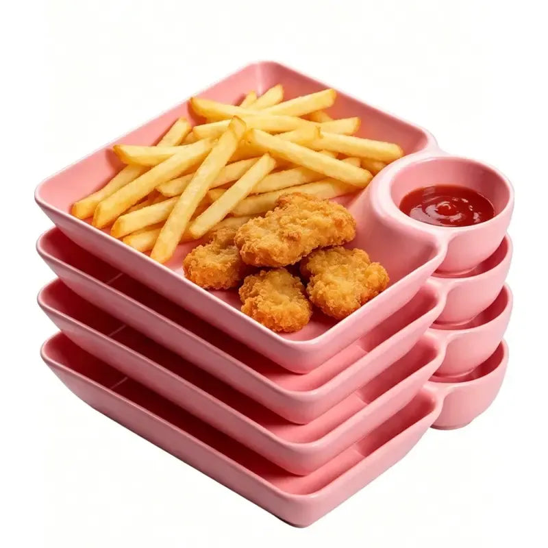 4-Piece Plastic Dumpling Plates with Sauce Compartment, Salad Serving Plates, Tableware, Dishwasher Safe Tableware, Party Plates, Snack and Sushi Dishes for Appetizers, Tortilla Dip, Fruit, Parties and Picnics