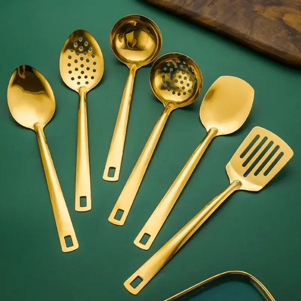 6-Piece Korean Style Gold-Plated Stainless Steel Kitchen Utensil Set - Cooking Spoon, Slotted Turner, Strainer Ladle & Serving Tongs for Home, Banquet, Party, Baking - Luxury Christmas Gift Idea Tableware cutlery robert welsh