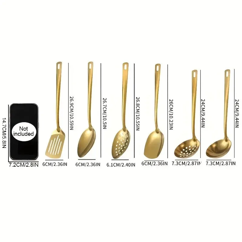 6-Piece Korean Style Gold-Plated Stainless Steel Kitchen Utensil Set - Cooking Spoon, Slotted Turner, Strainer Ladle & Serving Tongs for Home, Banquet, Party, Baking - Luxury Christmas Gift Idea Tableware cutlery robert welsh
