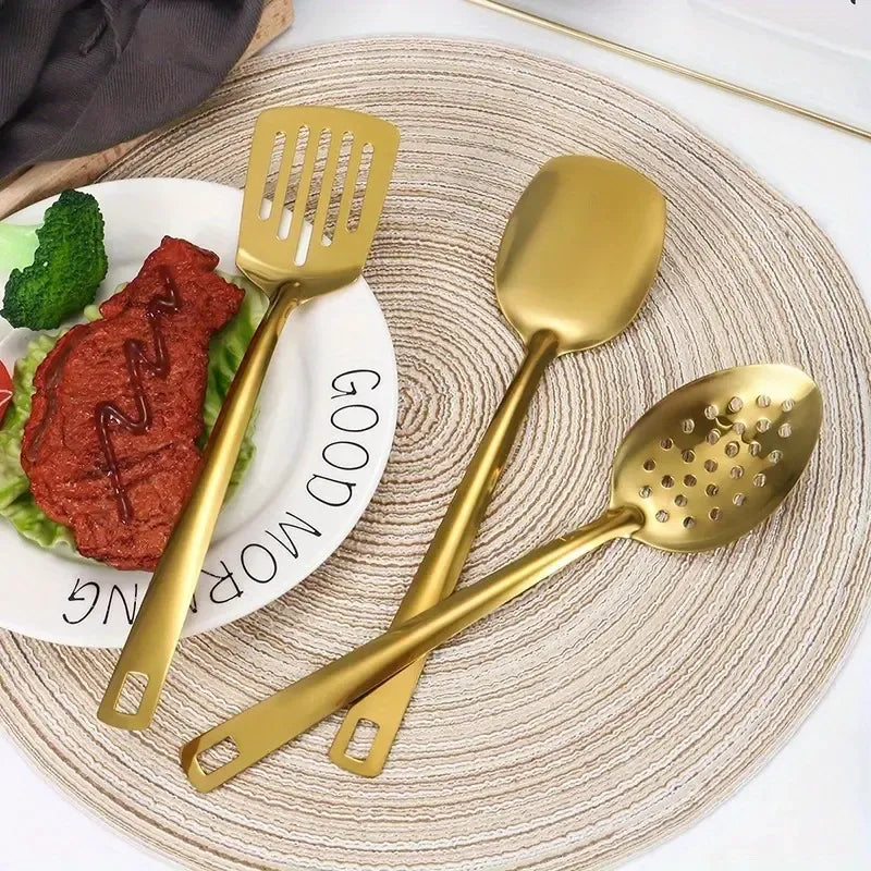 6-Piece Korean Style Gold-Plated Stainless Steel Kitchen Utensil Set - Cooking Spoon, Slotted Turner, Strainer Ladle & Serving Tongs for Home, Banquet, Party, Baking - Luxury Christmas Gift Idea Tableware cutlery robert welsh