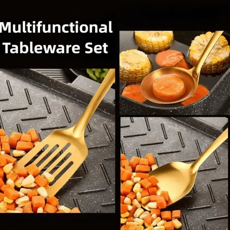6-Piece Korean Style Gold-Plated Stainless Steel Kitchen Utensil Set - Cooking Spoon, Slotted Turner, Strainer Ladle & Serving Tongs for Home, Banquet, Party, Baking - Luxury Christmas Gift Idea Tableware cutlery robert welsh