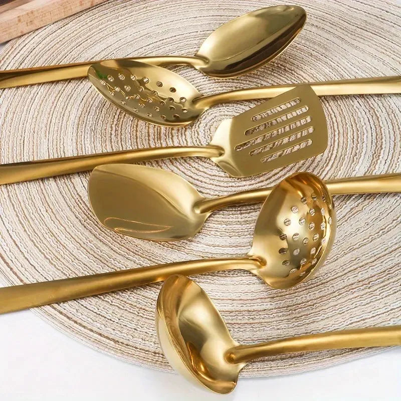 6-Piece Korean Style Gold-Plated Stainless Steel Kitchen Utensil Set - Cooking Spoon, Slotted Turner, Strainer Ladle & Serving Tongs for Home, Banquet, Party, Baking - Luxury Christmas Gift Idea Tableware cutlery robert welsh