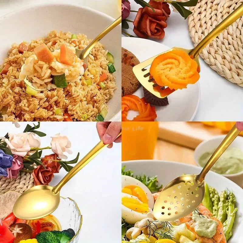 6-Piece Korean Style Gold-Plated Stainless Steel Kitchen Utensil Set - Cooking Spoon, Slotted Turner, Strainer Ladle & Serving Tongs for Home, Banquet, Party, Baking - Luxury Christmas Gift Idea Tableware cutlery robert welsh