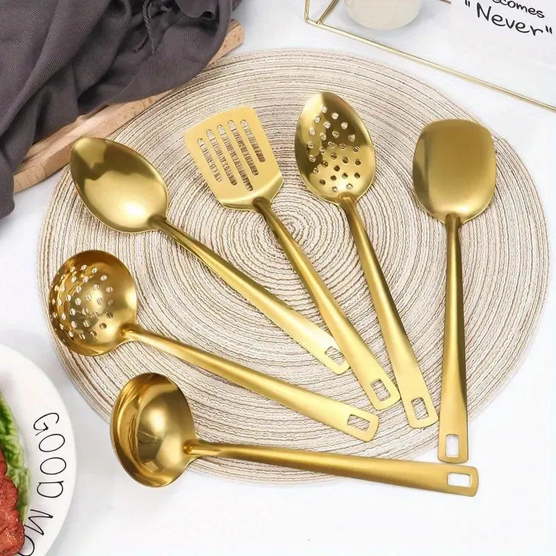 6-Piece Korean Style Gold-Plated Stainless Steel Kitchen Utensil Set - Cooking Spoon, Slotted Turner, Strainer Ladle & Serving Tongs for Home, Banquet, Party, Baking - Luxury Christmas Gift Idea Tableware cutlery robert welsh