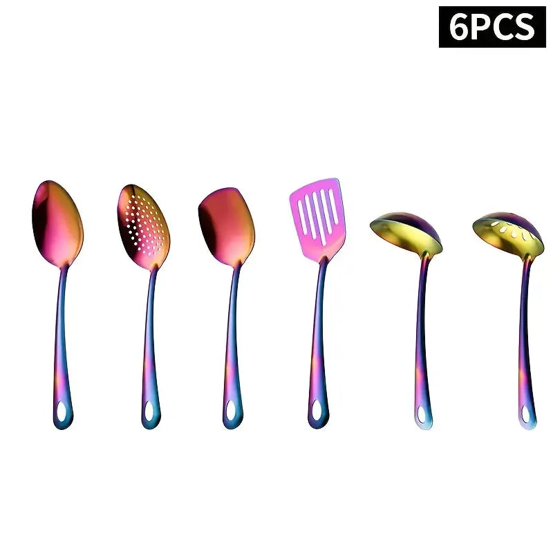 6-Piece Korean Style Gold-Plated Stainless Steel Kitchen Utensil Set - Cooking Spoon, Slotted Turner, Strainer Ladle & Serving Tongs for Home, Banquet, Party, Baking - Luxury Christmas Gift Idea Tableware cutlery robert welsh