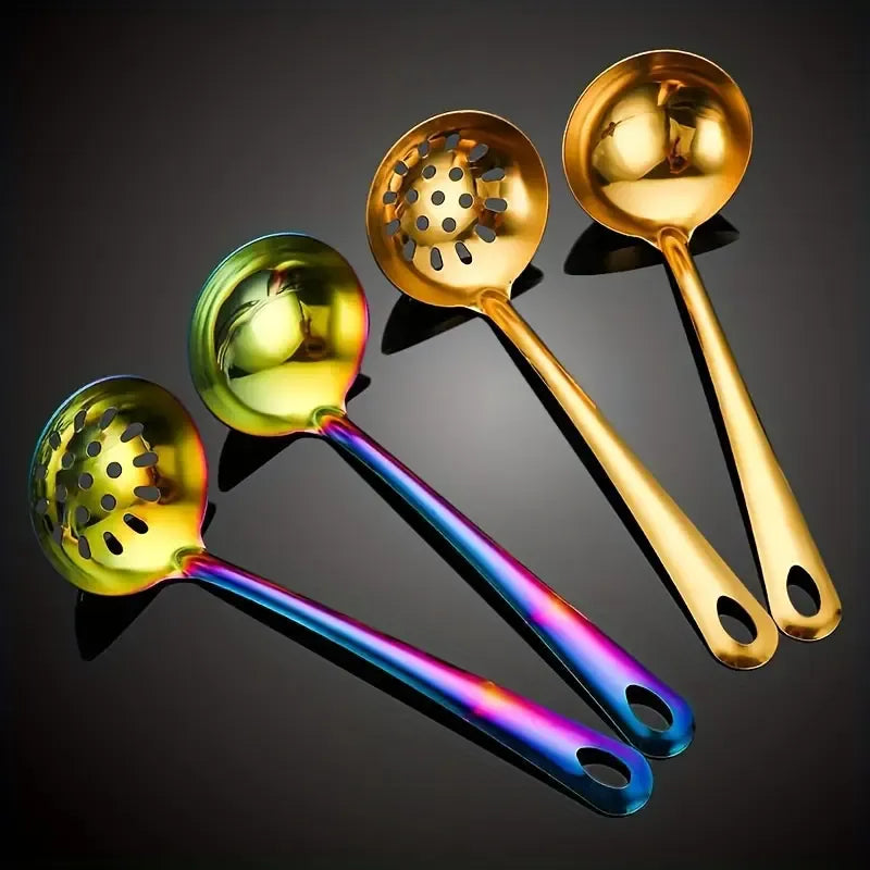 6-Piece Korean Style Gold-Plated Stainless Steel Kitchen Utensil Set - Cooking Spoon, Slotted Turner, Strainer Ladle & Serving Tongs for Home, Banquet, Party, Baking - Luxury Christmas Gift Idea Tableware cutlery robert welsh