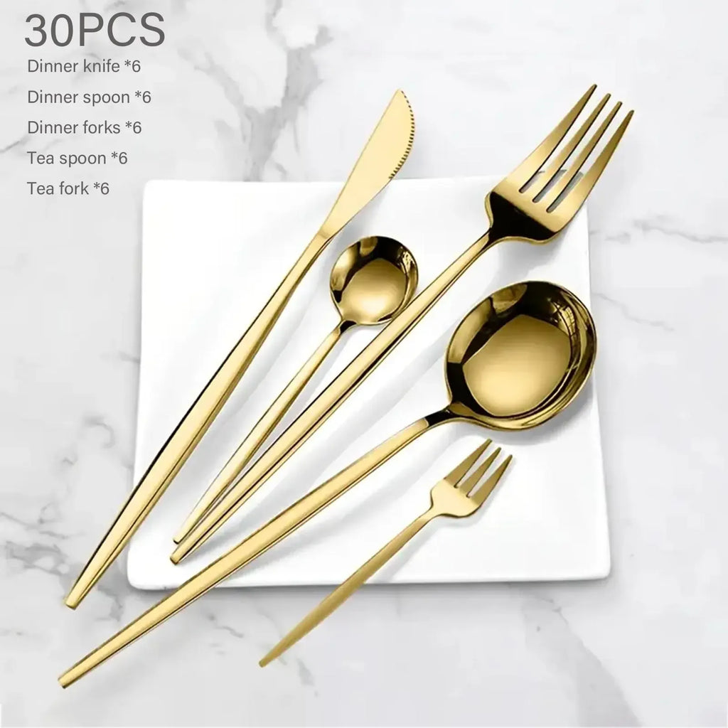 Stainless Steel Gold Cutlery Set, 30pcs/set Cutlery Service Kits Mirror-Polished Flatware Service for 6, Includes Dinner Knives, Dinner Spoons, Dinner Forks, Teaspoons and Tea Forks, Durable and Dishwasher Safe, Gold Dinnerware Sets