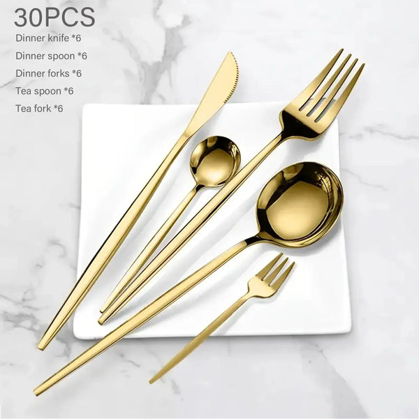 Stainless Steel Gold Cutlery Set, 30pcs/set Cutlery Service Kits Mirror-Polished Flatware Service for 6, Includes Dinner Knives, Dinner Spoons, Dinner Forks, Teaspoons and Tea Forks, Durable and Dishwasher Safe, Gold Dinnerware Sets