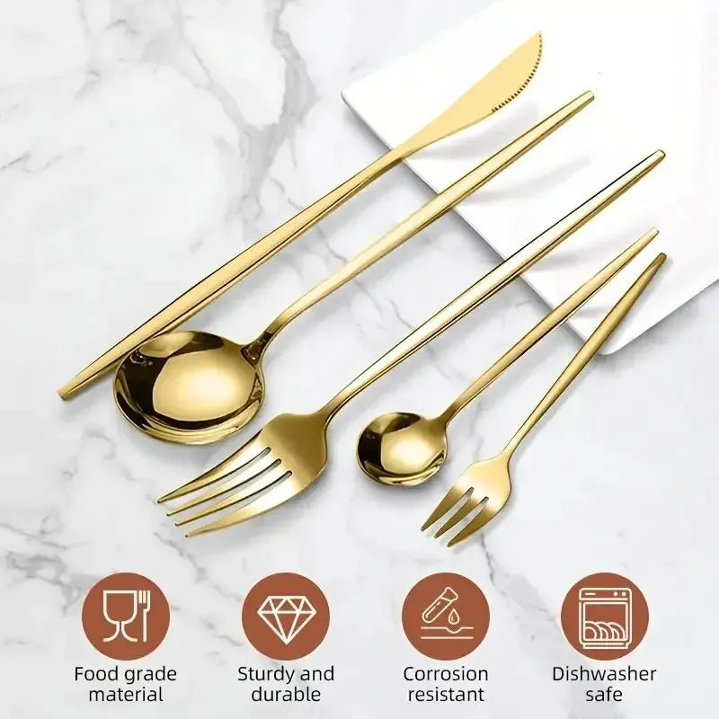 Stainless Steel Gold Cutlery Set, 30pcs/set Cutlery Service Kits Mirror-Polished Flatware Service for 6, Includes Dinner Knives, Dinner Spoons, Dinner Forks, Teaspoons and Tea Forks, Durable and Dishwasher Safe, Gold Dinnerware Sets