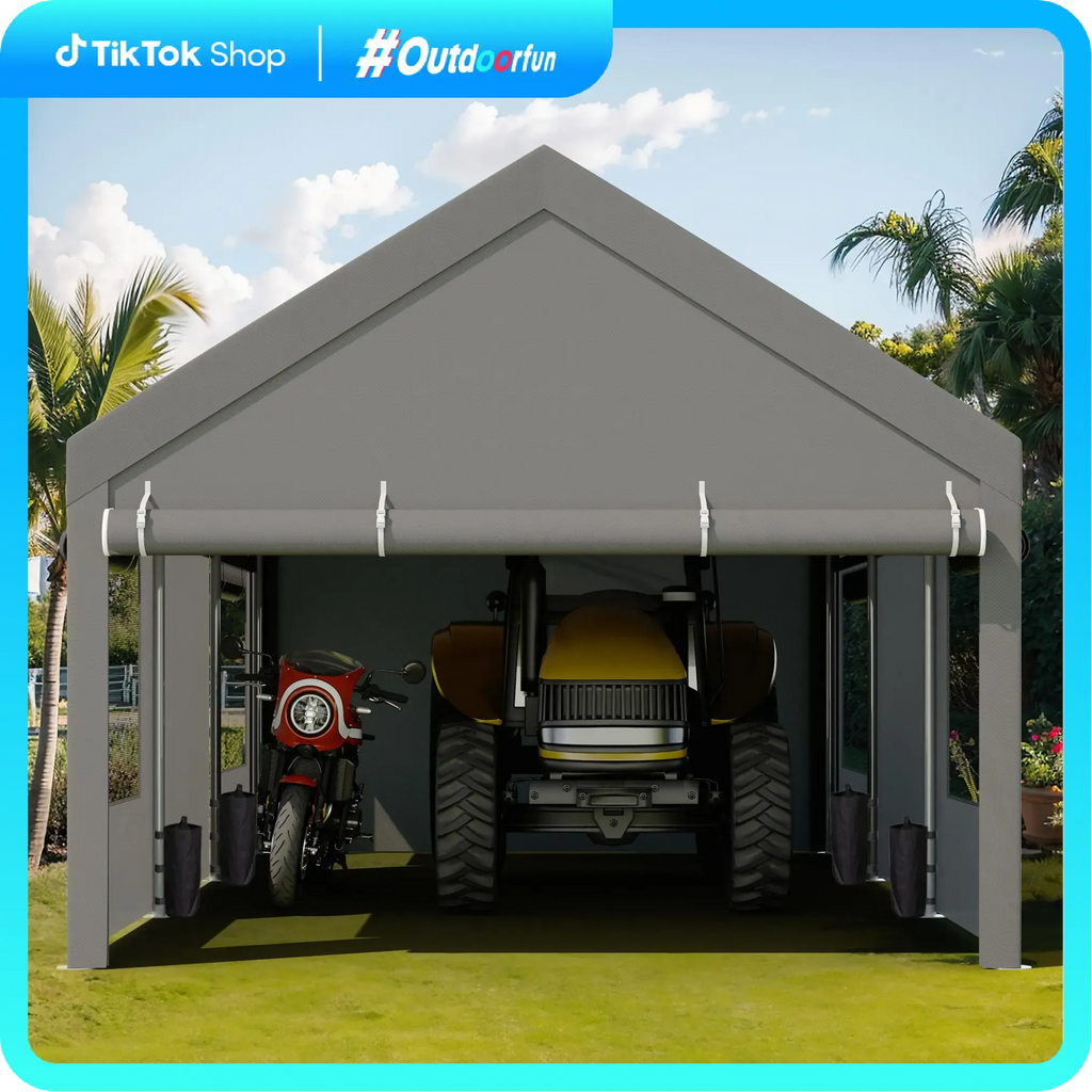 Walsunny Carport 12x20ft Outdoor Car Canopy Portable Garage, Heavy Duty Shed Tent Port with Roll-up Ventilated Windows & Removable Sidewalls Shelter Storage Vehicle Party Moisture Prevention for Camp, Farm, Tool, Grey, Khaki, White,Durable Pvc