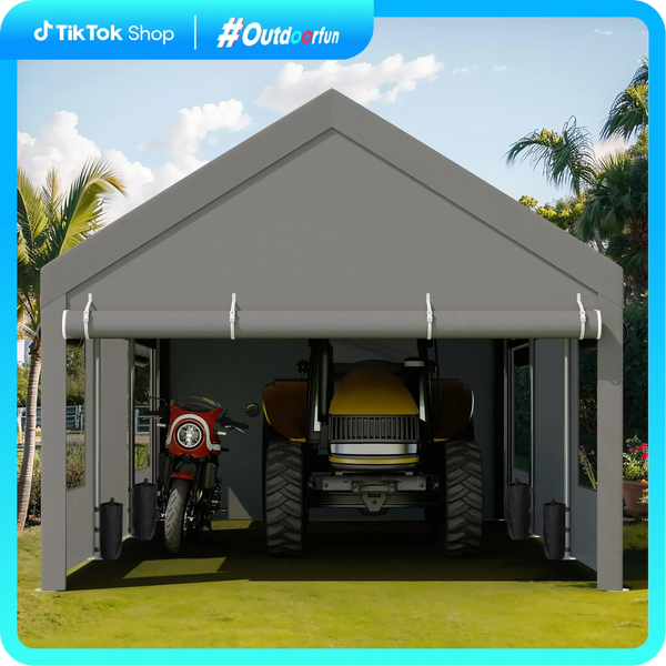 Walsunny Carport 12x20ft Outdoor Car Canopy Portable Garage, Heavy Duty Shed Tent Port with Roll-up Ventilated Windows & Removable Sidewalls Shelter Storage Vehicle Party Moisture Prevention for Camp, Farm, Tool, Grey, Khaki, White,Durable Pvc
