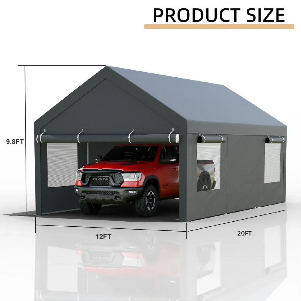 Walsunny Carport 12x20ft Outdoor Car Canopy Portable Garage, Heavy Duty Shed Tent Port with Roll-up Ventilated Windows & Removable Sidewalls Shelter Storage Vehicle Party Moisture Prevention for Camp, Farm, Tool, Grey, Khaki, White,Durable Pvc