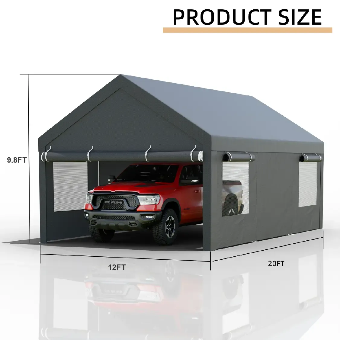 Walsunny Carport 12x20ft Outdoor Car Canopy Portable Garage, Heavy Duty Shed Tent Port with Roll-up Ventilated Windows & Removable Sidewalls Shelter Storage Vehicle Party Moisture Prevention for Camp, Farm, Tool, Grey, Khaki, White,Durable Pvc