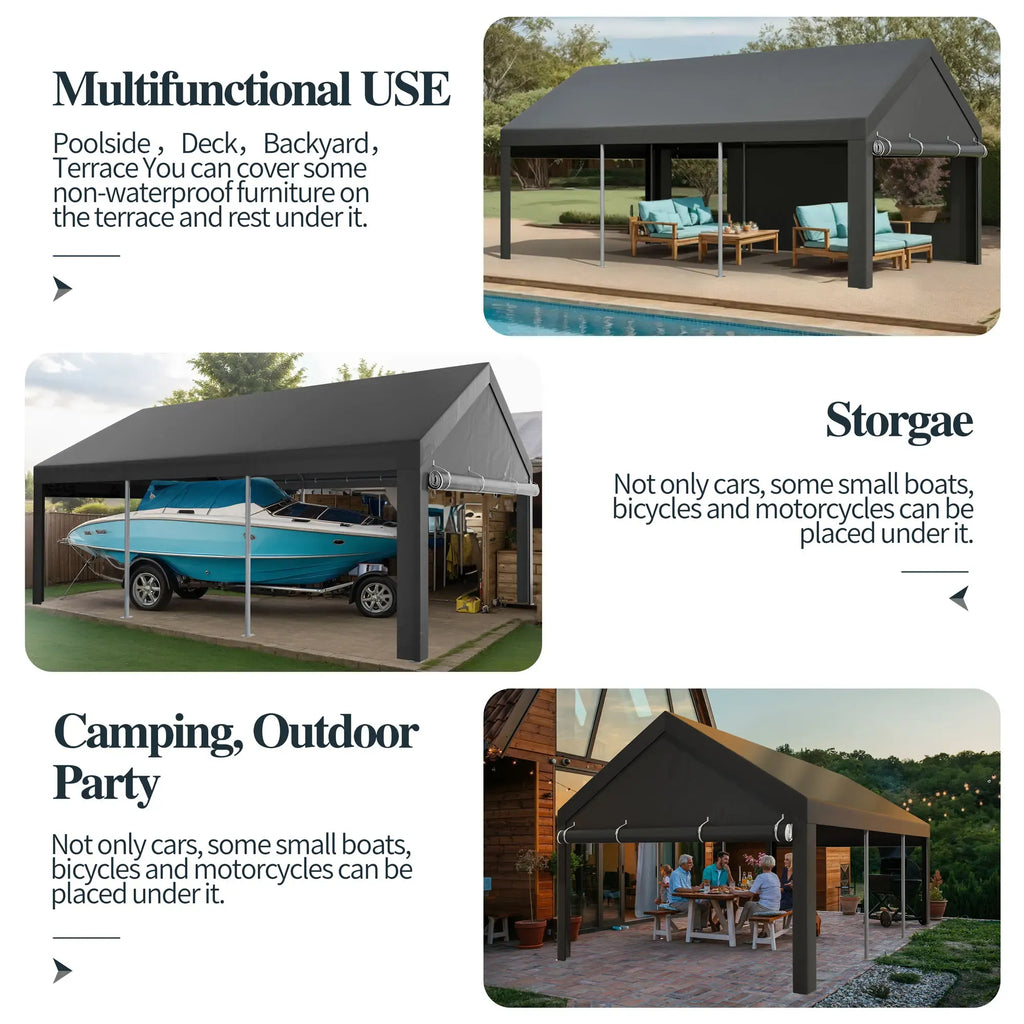 Walsunny Carport 12x20ft Outdoor Car Canopy Portable Garage, Heavy Duty Shed Tent Port with Roll-up Ventilated Windows & Removable Sidewalls Shelter Storage Vehicle Party Moisture Prevention for Camp, Farm, Tool, Grey, Khaki, White,Durable Pvc
