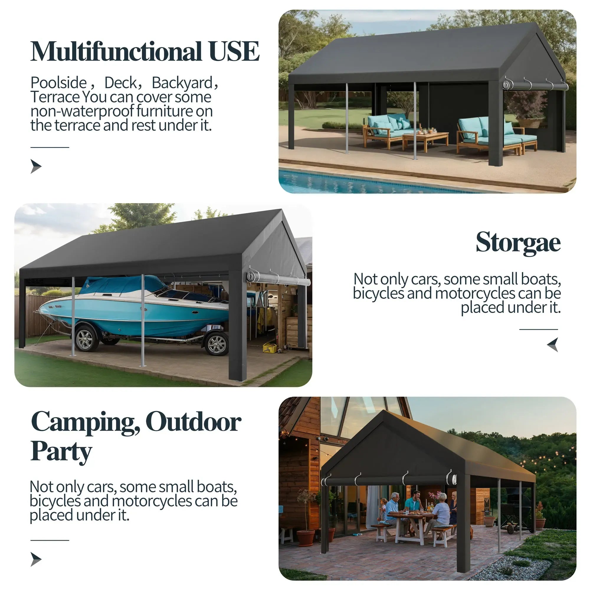 Walsunny Carport 12x20ft Outdoor Car Canopy Portable Garage, Heavy Duty Shed Tent Port with Roll-up Ventilated Windows & Removable Sidewalls Shelter Storage Vehicle Party Moisture Prevention for Camp, Farm, Tool, Grey, Khaki, White,Durable Pvc