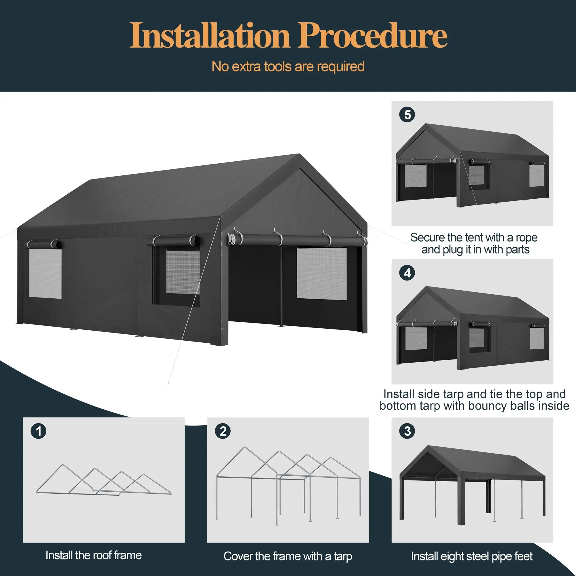 Walsunny Carport 12x20ft Outdoor Car Canopy Portable Garage, Heavy Duty Shed Tent Port with Roll-up Ventilated Windows & Removable Sidewalls Shelter Storage Vehicle Party Moisture Prevention for Camp, Farm, Tool, Grey, Khaki, White,Durable Pvc