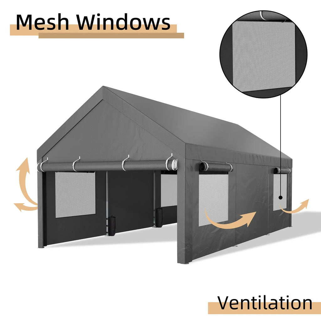 Walsunny Carport 12x20ft Outdoor Car Canopy Portable Garage, Heavy Duty Shed Tent Port with Roll-up Ventilated Windows & Removable Sidewalls Shelter Storage Vehicle Party Moisture Prevention for Camp, Farm, Tool, Grey, Khaki, White,Durable Pvc