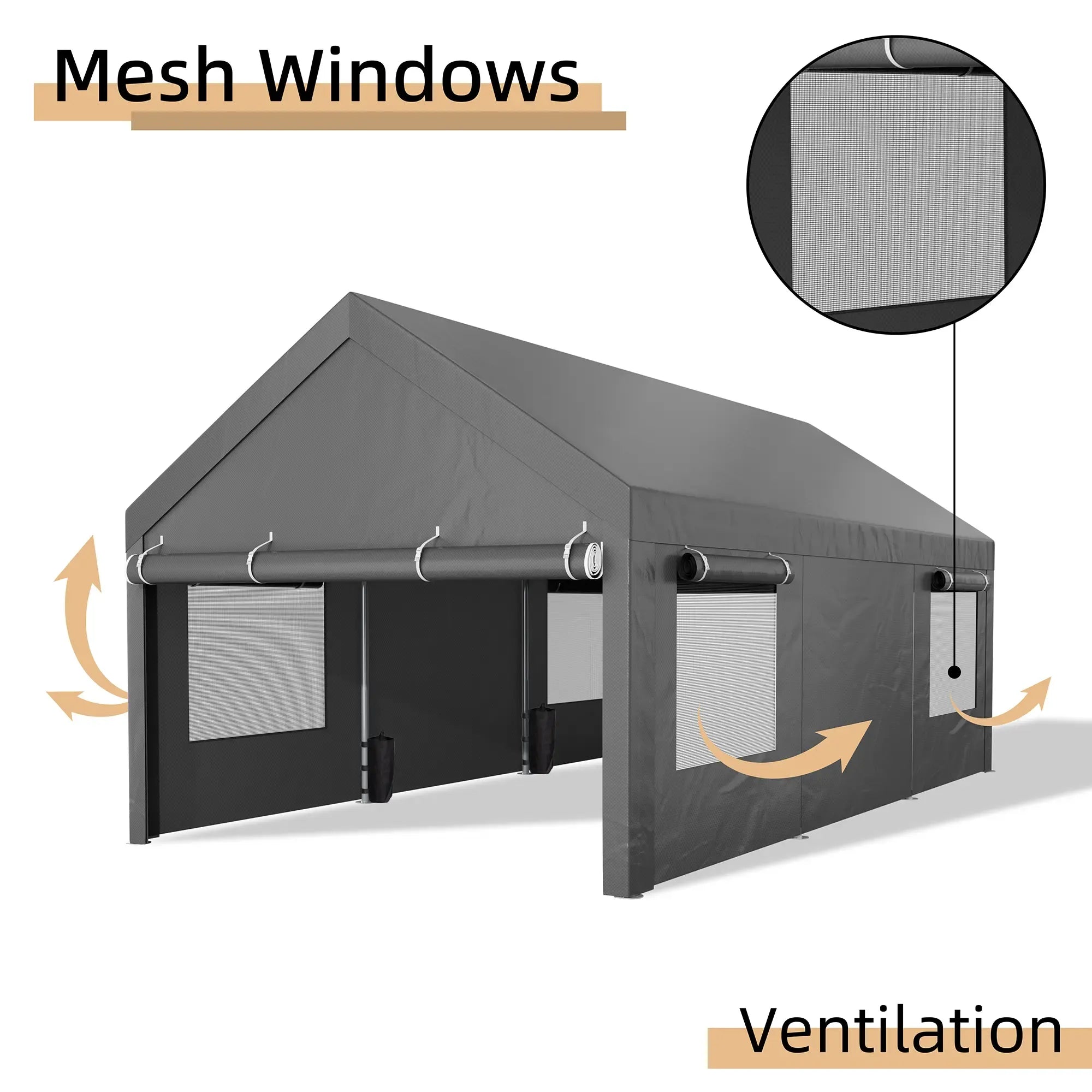 Walsunny Carport 12x20ft Outdoor Car Canopy Portable Garage, Heavy Duty Shed Tent Port with Roll-up Ventilated Windows & Removable Sidewalls Shelter Storage Vehicle Party Moisture Prevention for Camp, Farm, Tool, Grey, Khaki, White,Durable Pvc