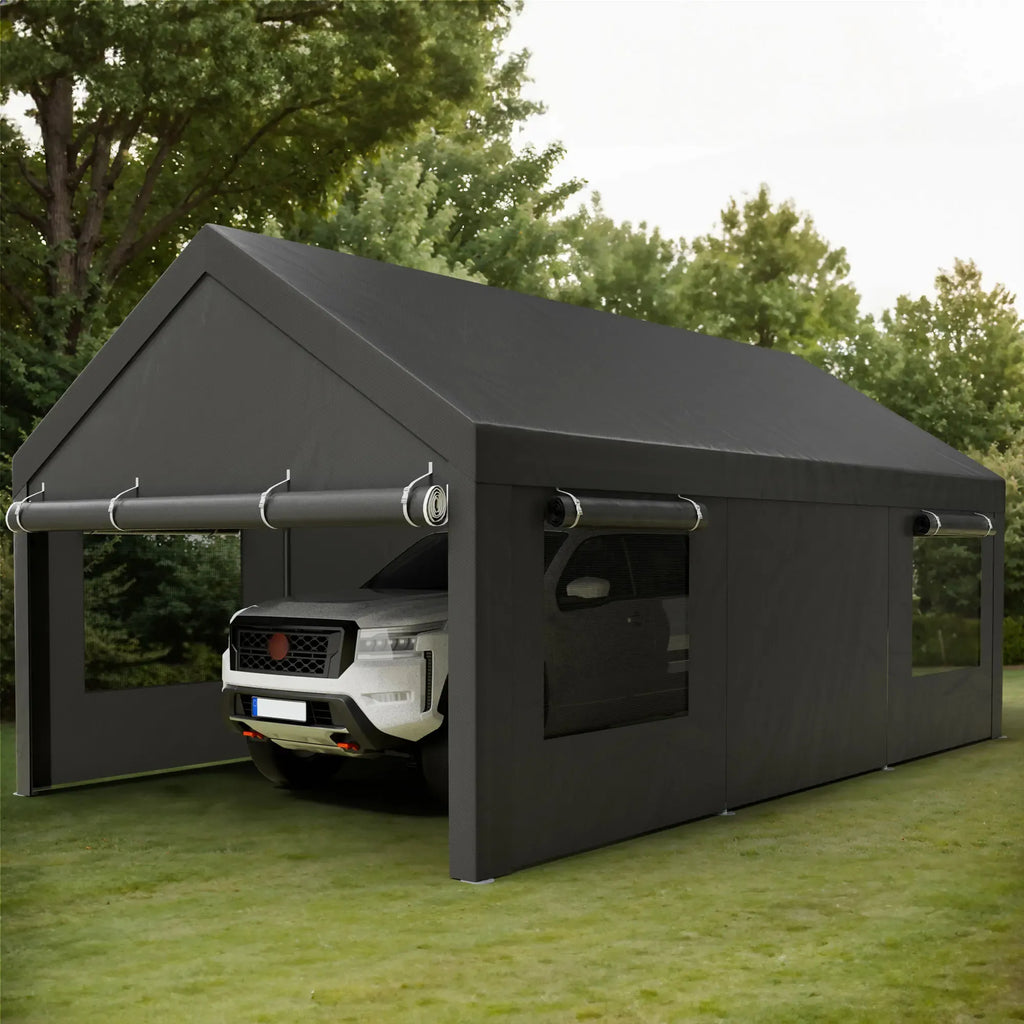 Walsunny Carport 12x20ft Outdoor Car Canopy Portable Garage, Heavy Duty Shed Tent Port with Roll-up Ventilated Windows & Removable Sidewalls Shelter Storage Vehicle Party Moisture Prevention for Camp, Farm, Tool, Grey, Khaki, White,Durable Pvc
