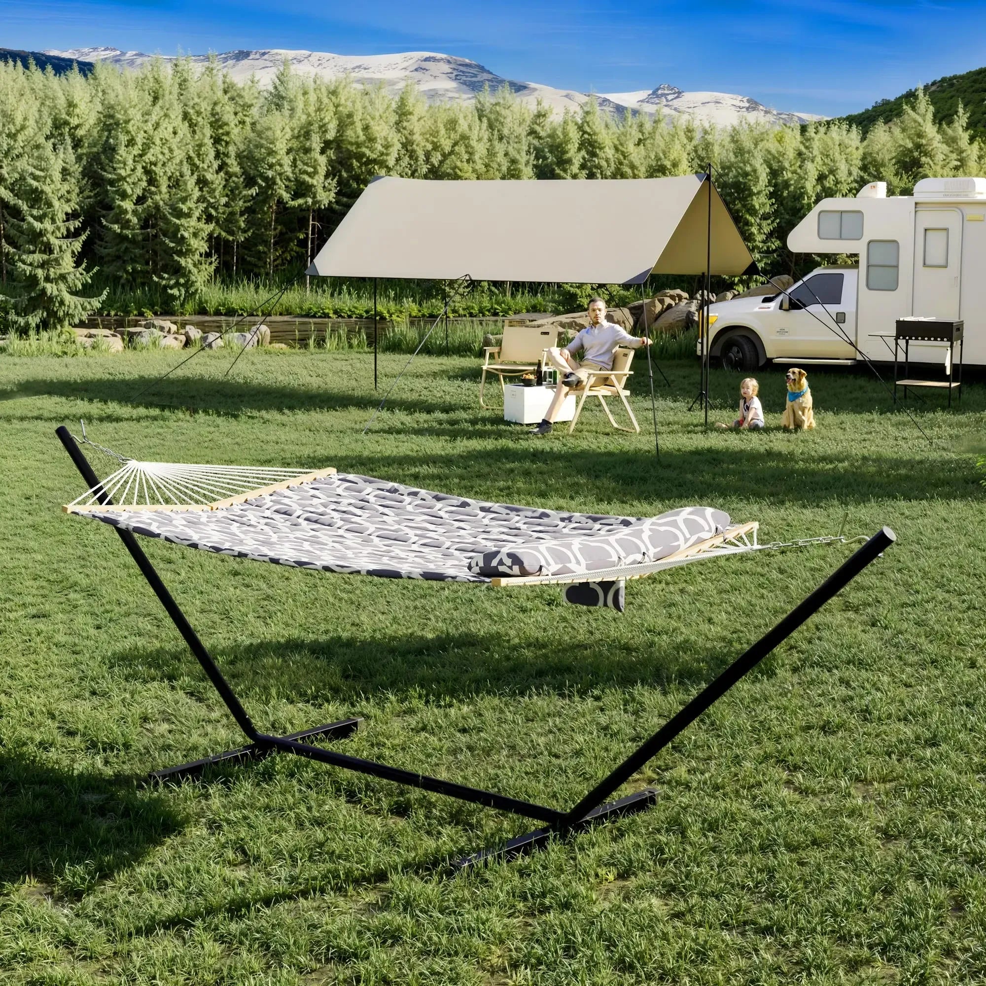 【Summer Sale】Heavy Duty Portable Double Hammock with Stand, 475 lbs Capacity, Portable Design with Balance Rope, for Patio Backyard Garden Beach, Summer Vibe, Backyard Hammock, Outdoor Patio Furniture