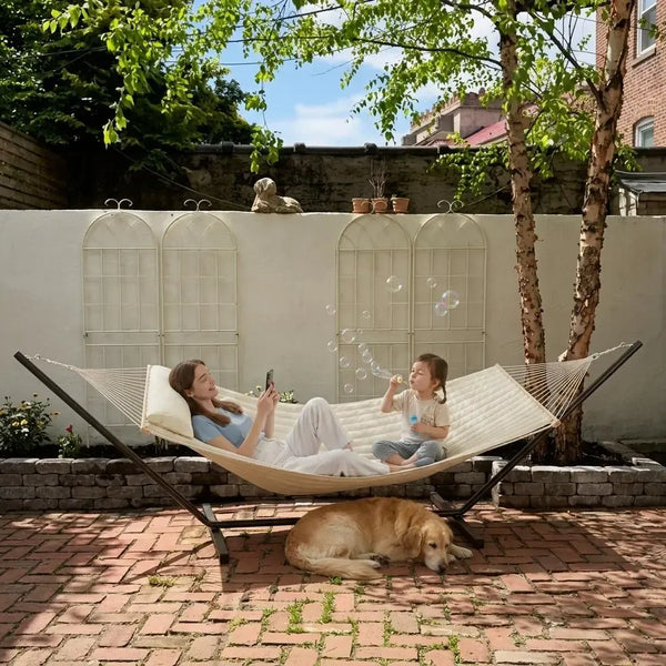 [Summer Sale] Heavy-Duty Portable Double Hammock for Two with Pillow & Adjustable Steel Stand, 475 lbs Capacity, for Outdoor Patios, Gardens, Beaches, and Backyards—Perfect for Summer Vibes, Backyard Hammocks, and Outdoor Patio Furniture