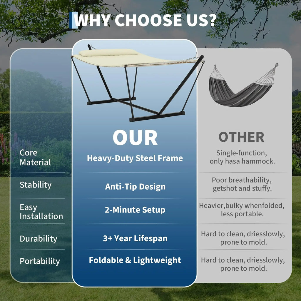 [Summer Sale] Heavy-Duty Portable Double Hammock for Two with Pillow & Adjustable Steel Stand, 475 lbs Capacity, for Outdoor Patios, Gardens, Beaches, and Backyards—Perfect for Summer Vibes, Backyard Hammocks, and Outdoor Patio Furniture