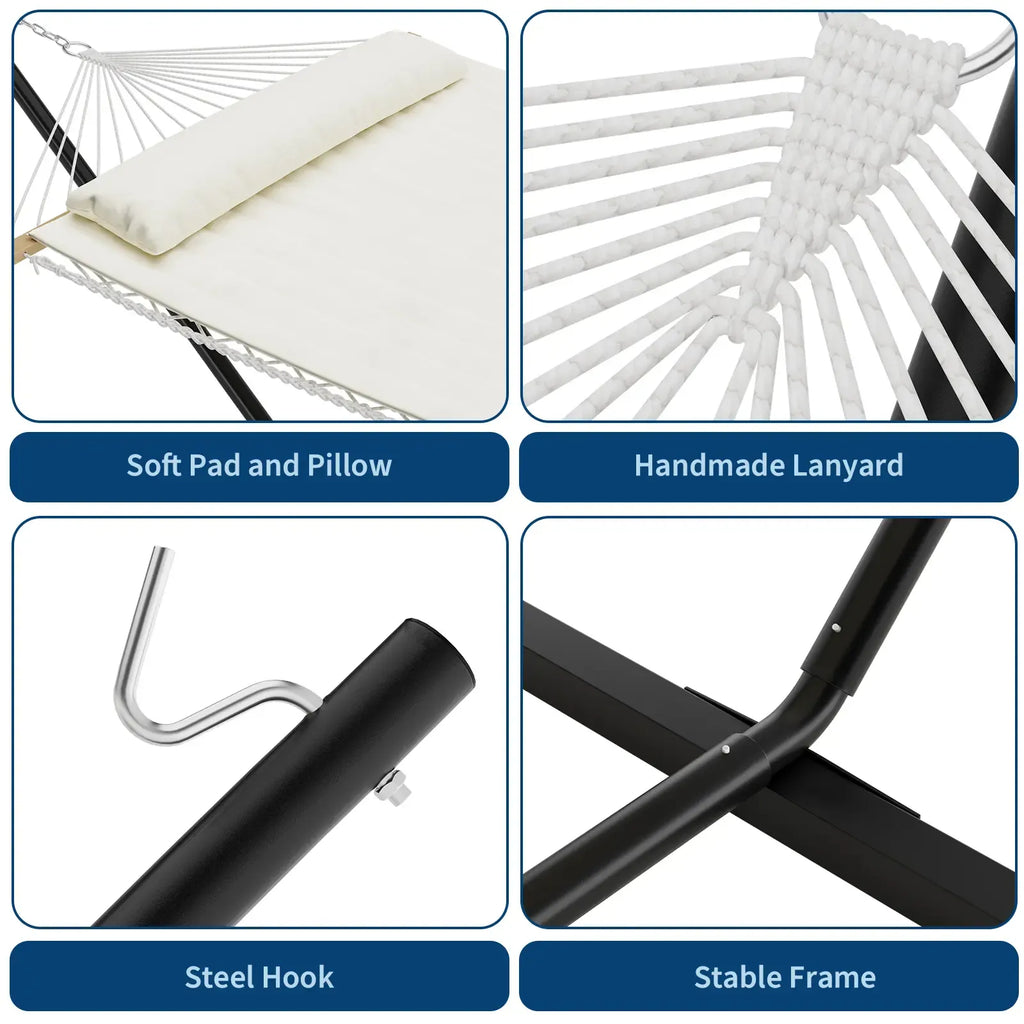 [Summer Sale] Heavy-Duty Portable Double Hammock for Two with Pillow & Adjustable Steel Stand, 475 lbs Capacity, for Outdoor Patios, Gardens, Beaches, and Backyards—Perfect for Summer Vibes, Backyard Hammocks, and Outdoor Patio Furniture