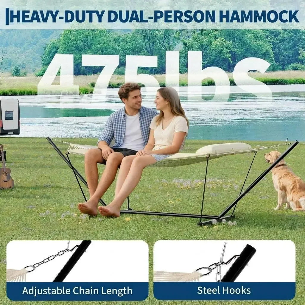 [Summer Sale] Heavy-Duty Portable Double Hammock for Two with Pillow & Adjustable Steel Stand, 475 lbs Capacity, for Outdoor Patios, Gardens, Beaches, and Backyards—Perfect for Summer Vibes, Backyard Hammocks, and Outdoor Patio Furniture
